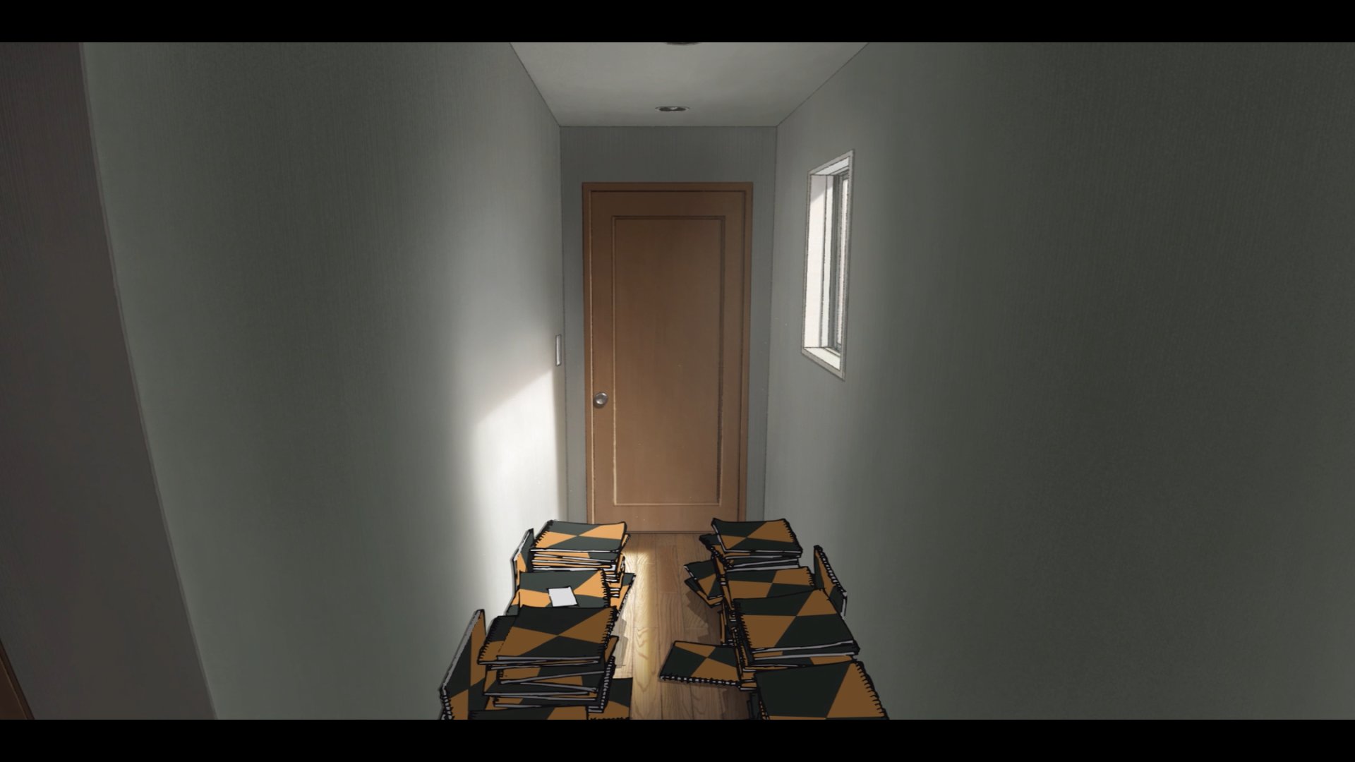 大量のスケッチをした形跡のある京本の部屋の前の廊下